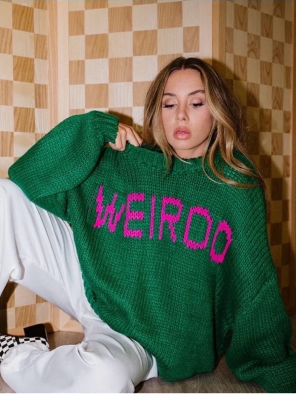Dressed in Lala size s/m Green 'WEIRDO' Knit Sweater with Pink Lettering